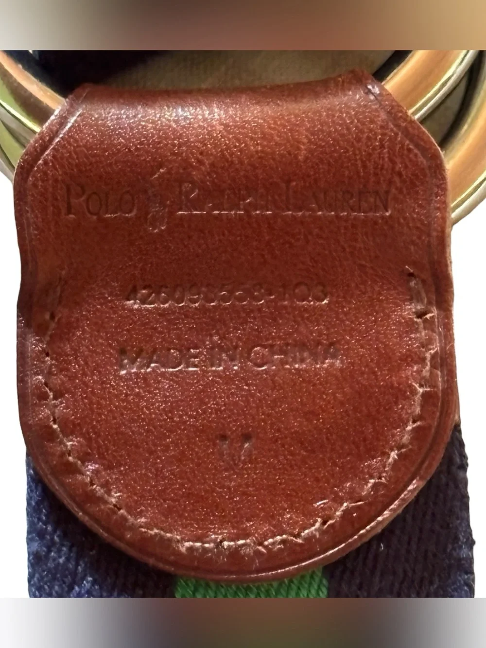 Polo by Ralph Lauren Navy and Green Striped Canvas Belt Brown Leather Preppy